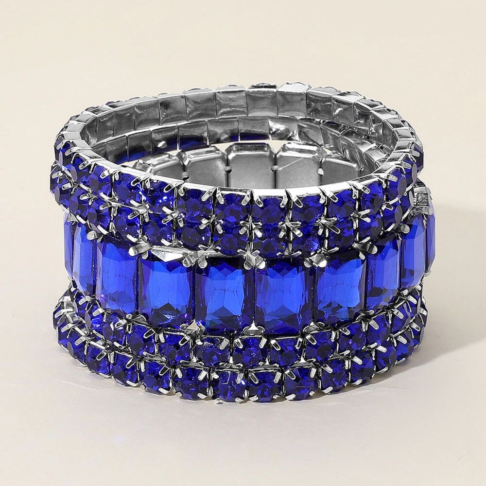 Royal Blue Emerald Cut Crystal Wide Stretch Bracelet 5 Pcs Bling 1.75 Inches